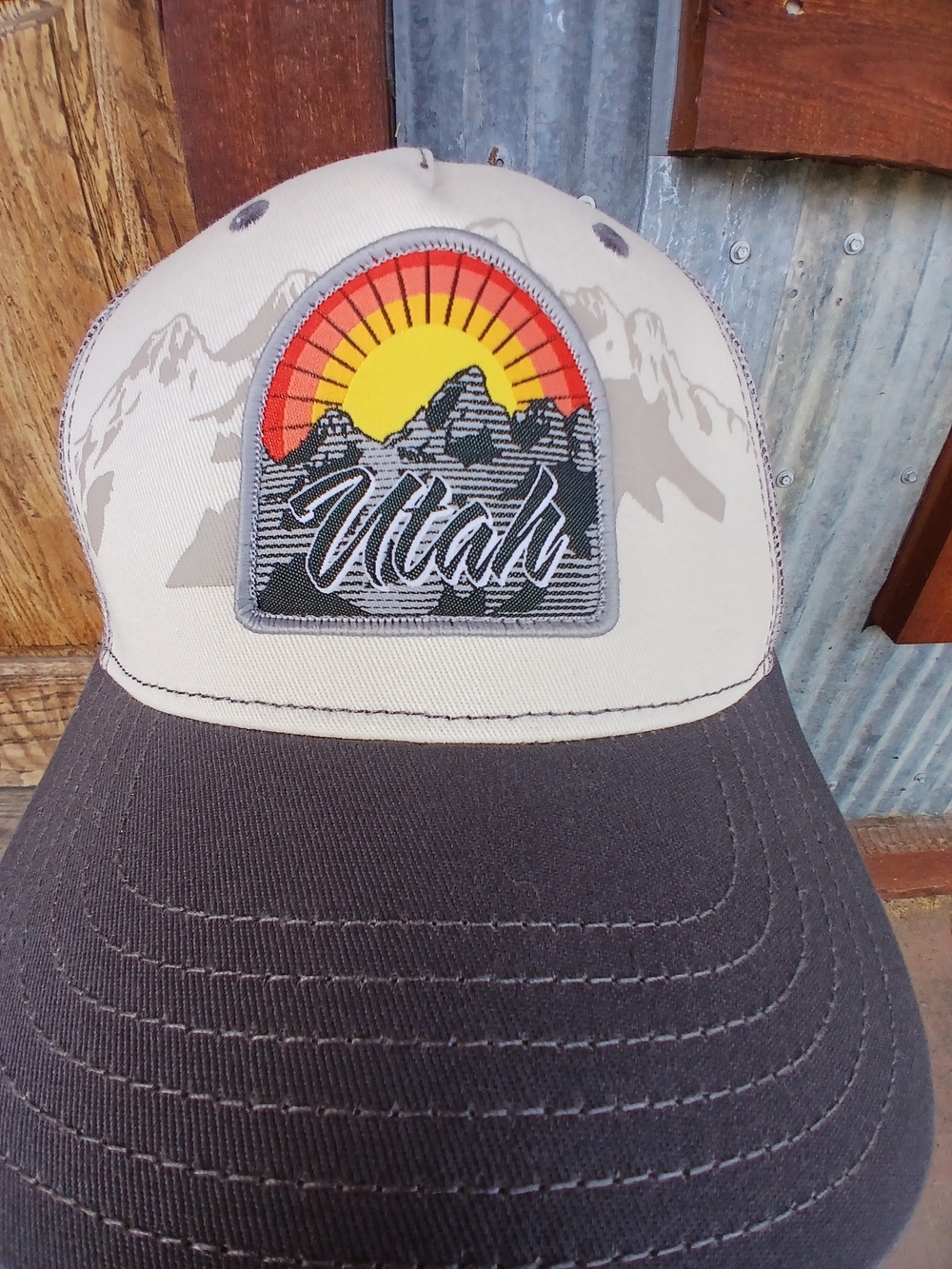Retro Utah Trucker Hat Mountain Scene Snapback Sunset Unisex Embroidered Patch